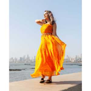 Vestido Bandhej Naranja Poppy con Cinturón, Silueta Holgada y Transpirable, Talla XS, Cintura Natural, para Ocio - Product Image 3