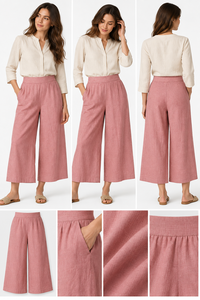 Pantalones Casuales de Mujer de Lino y Algodón Rosa, Cintura Media, Corte Holgado, Cintura Elástica, Bolsillos, Pierna Ancha, Tejido Liso, Largos, para Verano - Product Image 2