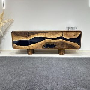 Buffet Modulaire Moderne en Bois Massif, Design Rivière d'Époxy, Fait Main, Style Ferme, Meuble de Chambre et d'Appartement, 4 Tiroirs, Bord Naturel, pour Studio - Product Image 4