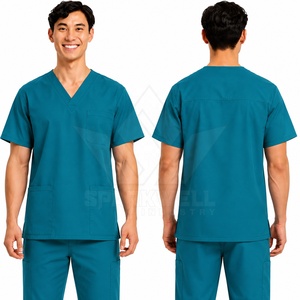 Haut de blouse médicale gris pour homme, col en V, manches courtes, en coton et polyester tissé, respirant, multi-poches, pour le travail en milieu médical, hospitalier et de soins infirmiers - Product Image 4