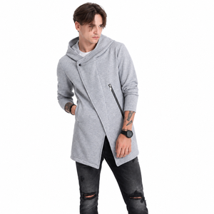 Cárdigan Largo con Capucha Gris para Hombre, Chaqueta Asimétrica con Bolsillo con Cremallera, Ropa Urbana al por Mayor - Product Image 1