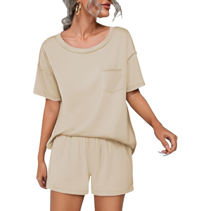 Women's Blue 2-Piece <b>Knitted</b> <b>Set</b> Short Sleeve O-Neck Top With Pocket Loose Fit Shorts Solid Color Breathable Spring Summer - Product Image 3