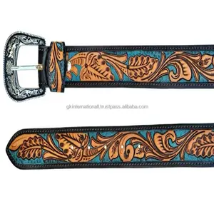 Luxury Cowboy Cowgirl Full grain hand carving design western leather tooling belt for jeans or pants with changeable buckle