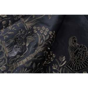 Tissu satiné semi-soie brodé au mètre, 58 pouces de large, motif floral, oiseaux et fille, noir - TFAB SEMI SILK EMB03 158 - Product Image 2