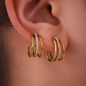18K Gold Plated Stainless Steel Triple Hoop Ear <b>Cuff</b> with Claw Setting Zircon Jewelry for Gift - Product Image 1