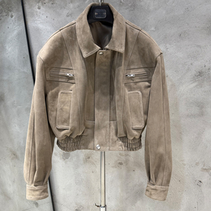 Veste de moto en cuir véritable pour femme, col rabattu court, manches longues, couleur unie, fermeture éclair, automne - Product Image 2