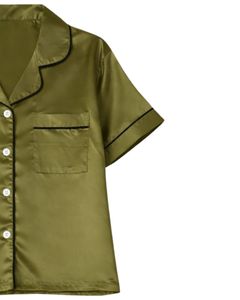 Ensemble de pyjama pour femme en satin vert olive personnalisé, manches courtes, boutonné, style soie, deux pièces, ensemble de shorts de nuit, ensemble de vêtements de détente - Product Image 4