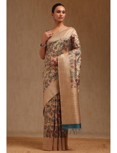 Sari KV para Mujer, Color Beige, Chanderi, con Estampado Floral Kalamkari y Blusa sin Coser - Product Image 5