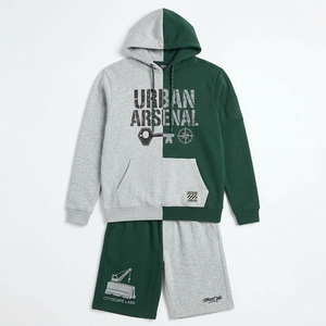 Conjunto de Sudadera con Capucha y Pantalones Cortos Urban Arsenal Color Block para Niños, Ropa Deportiva de Algodón, Estilo Urbano, Traje Casual de Dos Piezas para Otoño - Product Image 1