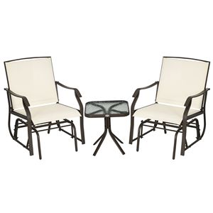 Set di 3 Sedie a Dondolo da Giardino con Tessuto Sling, Tavolo in Vetro e Tavolino da Caffè per Esterni - Product Image 1