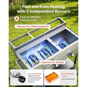 Griglia a Propano Commerciale da Esterno con 3 Bruciatori (11.600 BTU Ciascuno) in Acciaio Inox con Due Vaschette per Riscaldamento Alimenti Formato 1/3 - Product Image 4