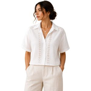 Custom White Embroidered <b>Linen</b> Blend Crop Shirt For Women Short Sleeve Button Up Casual Summer Blouse Custom Logo Private Label - Product Image 1