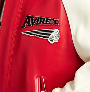 Avirex Men's Red Varsity <b>Jacket</b> Embroidered <b>Patch</b> Front Zipper Regular Fit Turn-down Collar Leather Fusion of Strength - Product Image 4