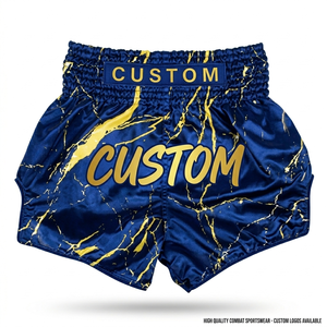 Fournisseur OEM de shorts de Muay Thai personnalisés avec logo, design marbré or sur satin bleu, vêtements de boxe en gros, shorts de Muay Thai - Product Image 4