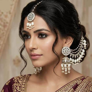 Pendientes Jhumki de Piedra Kundan y Perlas de Primera Calidad con Cadena Kanchain - Product Image 1