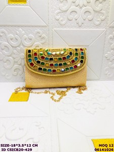 Handmade Satin <b>Clutch</b> Bag with Multicolor Pearl & Stone Embroidery | Women's Ethnic <b>Wedding</b> Evening Party Sling Purse with Chain - Product Image 5