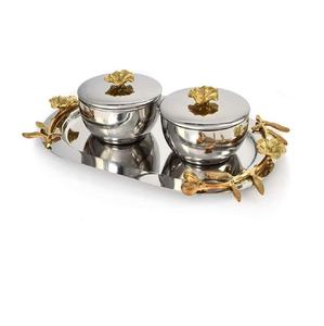 Luxury Gold and Silver Metal Condiment Set <b>Mirror</b> Polished Serving Tray with 2 Lidded Bowls Floral Accents for Ramadan Eid Gifts - Product Image 1