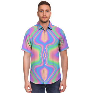 เสื้อเชิ้ตผู้ชายลายกราฟฟิตี้หัวกะโหลกพิมพ์เต็มตัว สีนีออน ทรงปกติ ผ้าโพลีเอสเตอร์ แขนสั้น ติดกระดุม ขายส่ง - Product Image 2