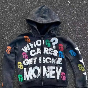 Custom Rhinestone <b>Cropped</b> <b>Zip</b> <b>Up</b> Hoodie Washed 100% Cotton Screen Print Hip Hop Style Hoodie For Men OEM Wholesale - Product Image 3