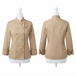 เสื้อเชฟผู้หญิง Sales Blackhardson รุ่นพรีเมียม 240 GSM ผ้าโพลีคอตตอนทวิล สีเบจ กระดุมสองแถว แขนสั้น ชุดยูนิฟอร์มร้านอาหาร - Product Image 1