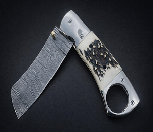 มีดพับเหล็กดามัสกัสตีขึ้นรูปด้วยมือ พร้อมด้ามจับจากเขาสัตว์กวาง – ใบมีดแบบ Pocket Cleaver, ผู้ผลิต OEM ตามสั่ง - Product Image 1