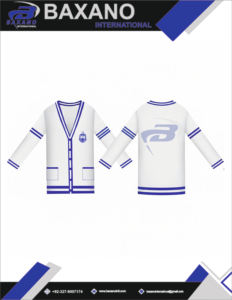 เสื้อคาร์ดิแกนไหมพรมอะคริลิคคอวีทรงยาวของชมรมเดลต้า ซิกมา ทีต้า (DST) สีน้ำเงินรอยัล แต่งสีขาว พร้อมลวดลายเสื้อชิคาโก - Product Image 6