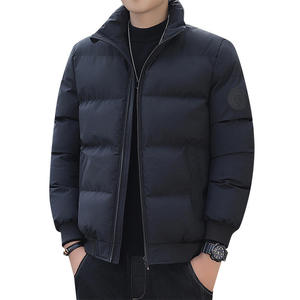 Men's Winter Puffer Jacket Stand Collar Zipper Closure Solid Color Thick Polyester Wadding Casual Style Patch Design Left Sleeve - Product Image 1