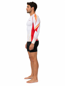 Rashguard à manches longues pour homme, blanc, rouge, jaune, imprimé par sublimation, manches complètes, spandex, polyester, anti-UV, pour activités de plein air - Product Image 3