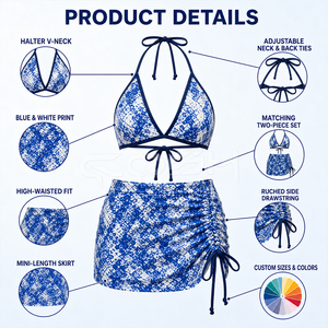 Women’s Blue Tie Dye <b>Two</b> <b>Piece</b> Beachwear <b>Set</b> With Halter Bikini Top And Adjustable Ruched Swim Skirt - Product Image 5