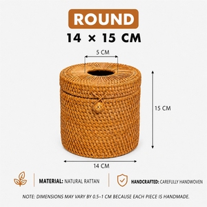 Modern Round Rattan Tissue <b>Box</b> 14x15cm Handwoven <b>Storage</b> Holder with Lid Natural <b>Brown</b> Convenient Eco-Friendly - Product Image 1