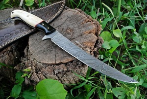 Couteau de chef Viking Art fait main pour le filetage, lame en acier Damas 3mm à bord plat, dos droit, manche en os et corne, 12 pouces, cuisine DIY - Product Image 6