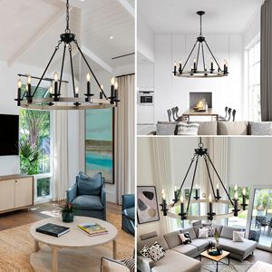 Lampadario Rustico a 10 Luci Stile Fattoria da 32 Pollici, Lampada a Sospensione in Metallo Nero e Legno per Sala da Pranzo e Soggiorno - Product Image 6