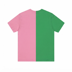 T-shirt personnalisé bicolore rose et vert pour sororité, lettres grecques, 100 % coton, décontracté, estival, élégant, respirant, col rond pour femme - Product Image 2