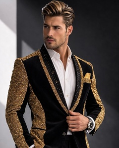 Costume de smoking noir à sequins dorés pour homme, style italien, col cranté, simple boutonnage, revers en velours, tenue de cérémonie - Product Image 3