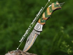Handmade Back <b>Lock</b> Folding Pocket Knife Damascus Steel Pakka Wood Handle Mosaic Design Belt Loop Sheath Wholesale Outdoor - Product Image 2