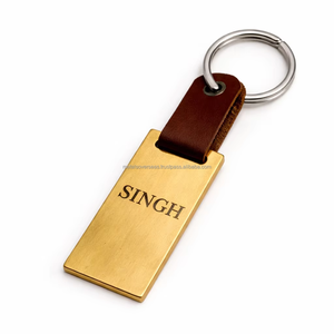 <b>Custom</b> engraved metal <b>keychain</b> with leather strap gold finish rectangular name key holder for gift and corporate use - Product Image 1