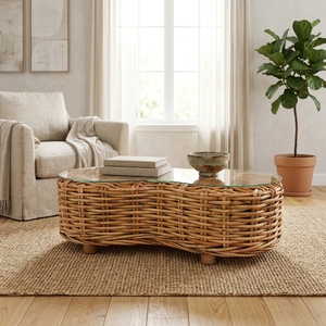New Modern Minimalist Rinjani <b>Round</b> Coffee <b>Table</b> Natural Woven Rattan Glass Top Center Tea Accent <b>Table</b> Living Room Patio - Product Image 2
