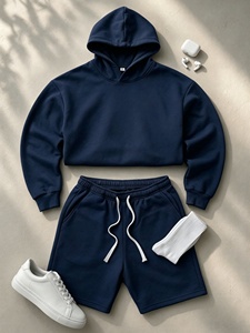 Ensemble sweat-shirt à capuche et short pour homme, bleu marine, décontracté, couleur unie, tissu French Terry, tenue d'été - Product Image 1