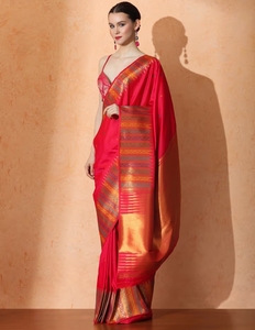 KV <b>Red</b> Silk Woven Designer <b>Saree</b> With Unstitched Blouse - Product Image 2