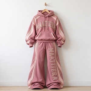 Conjunto Deportivo Rosa con Pedrería para Mujer, Sudadera Holgada con Capucha, Pantalones Deportivos de Pierna Ancha, Paneles en Contraste, Ropa Urbana Personalizada - Product Image 5