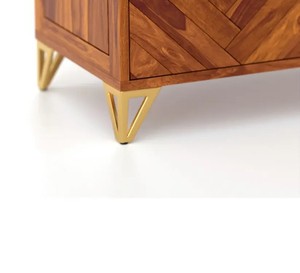 Modern Chevron Pattern Solid Wood <b>TV</b> Unit with Gold Metal Legs | Herringbone Media Console | Jodhpur Export - Product Image 6