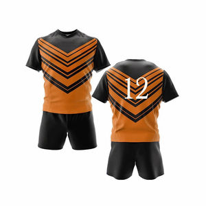 Men Orange Black Striped Soccer Jersey Set Short Sleeve Crew Neck Moisture Wicking 100% Polyester Men Rugby Uniform - Product Image 2