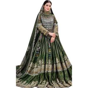 Robe afghane Kuchi luxueuse verte brodée, manches longues, col montant, robe de bal longue, tenue de soirée, broderie à la main, satin - Product Image 3