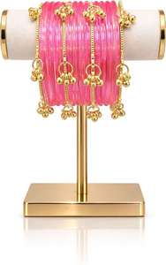 Trendy Kashmiri Glass <b>Bangles</b> 16-Piece Pink Transparent Set Golden Ghungroo Traditional Handmade Bridal Fashion Jewelry Third - Product Image 3