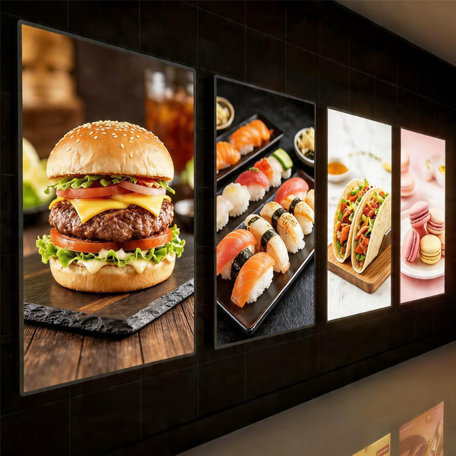 Customized Advertising Ultra-Thin Glass LED Light Boxes Super Bright Rectangle Menu Poster Frame Light Box for Restaurant Mart