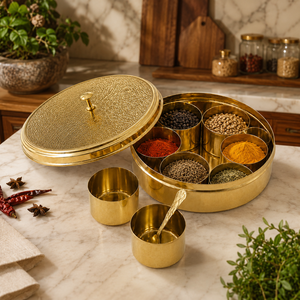 Brass Masala <b>Box</b> Spice Container with 7 Containers & Spoon Hammered Lid Indian Spice Storage <b>Box</b> Kitchen Organizer OEM ODM Bulk - Product Image 4