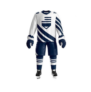 Jersey de Hockey sobre Hielo Personalizado para Hombre, con Rayas Azules, Pantalones Blancos y Guantes, Uniforme Sublimado de Poliéster, Ropa Deportiva de Invierno - Product Image 4