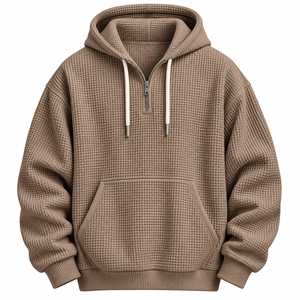 Sudadera con capucha de punto gofrado con cremallera de un cuarto, ecológica, transpirable, verde oliva, con bolsillo canguro - Product Image 2