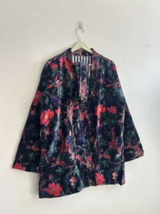 Veste blouson en velours à imprimé floral, manches longues, manteau d'automne pour femme avec ceinture, design plissé - Product Image 1