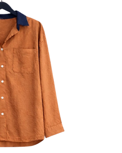 Ensemble deux pièces décontracté pour femme : chemise orange rouille et pantalon large bleu marine en coton et lin – Fabricant OEM personnalisé - Product Image 4